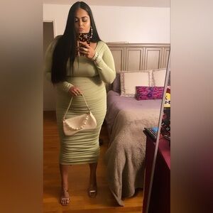 Bodycon Midi long Sleeve Ruched green Dress